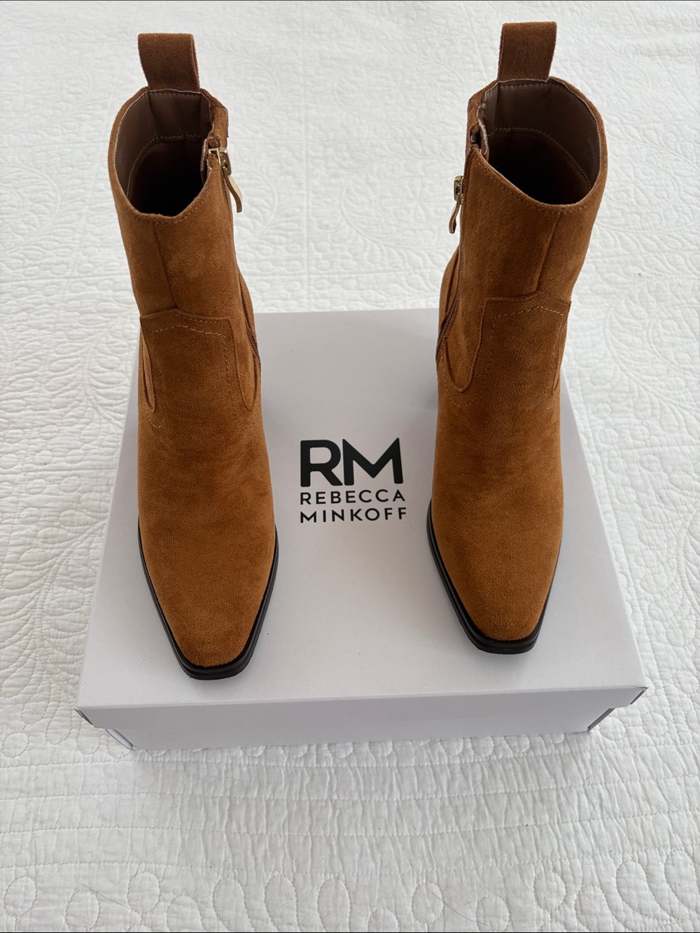 Rebecca Minkoff Cognac Suede Pointed Toe Ankle Boots